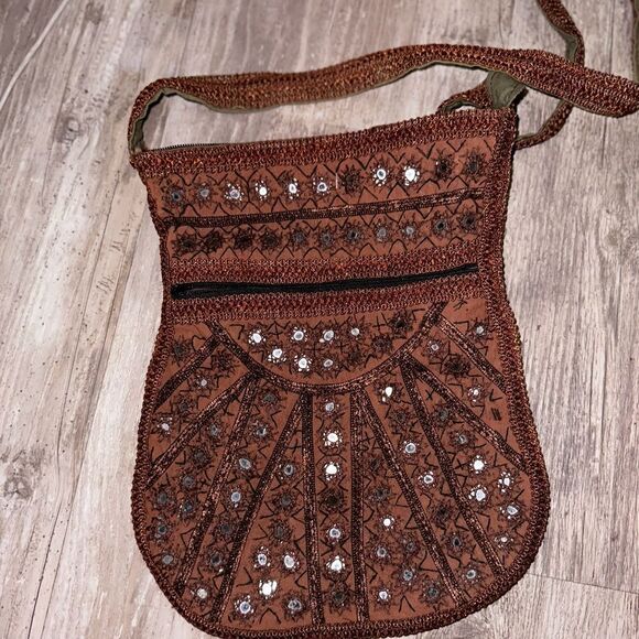 NEW BROWN hobo cloth bag with mirror and detailed trim - Picture 1 of 12